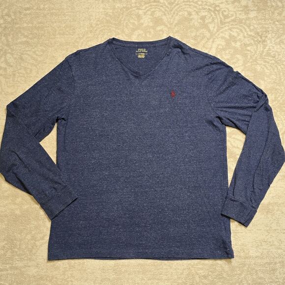 Ralph Lauren Polo men's v-neck t-shirt, Large, long sleeves, heather blue cotton - Picture 1 of 6